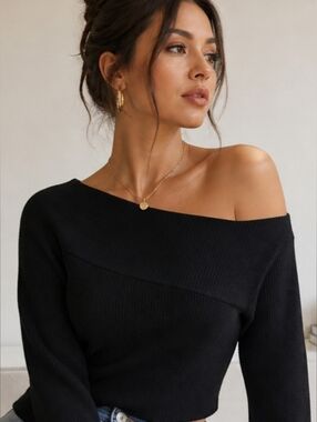 Princess Polly One Shoulder Sweater Black Ribbed Asymmetrical Cropped Top Chic 4